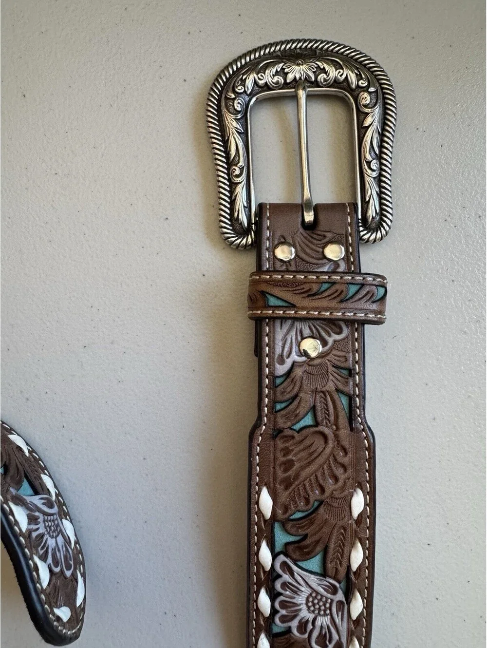Nocona Women's Western Floral Belt XL Brown/White/Turquoise Adjustable Buckle